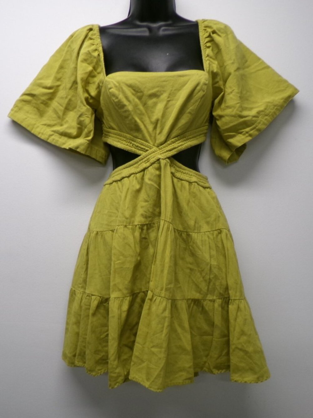 Free People Cross of Sunlight Mini Dress sz XS Green Yellow Linen Blend Boho